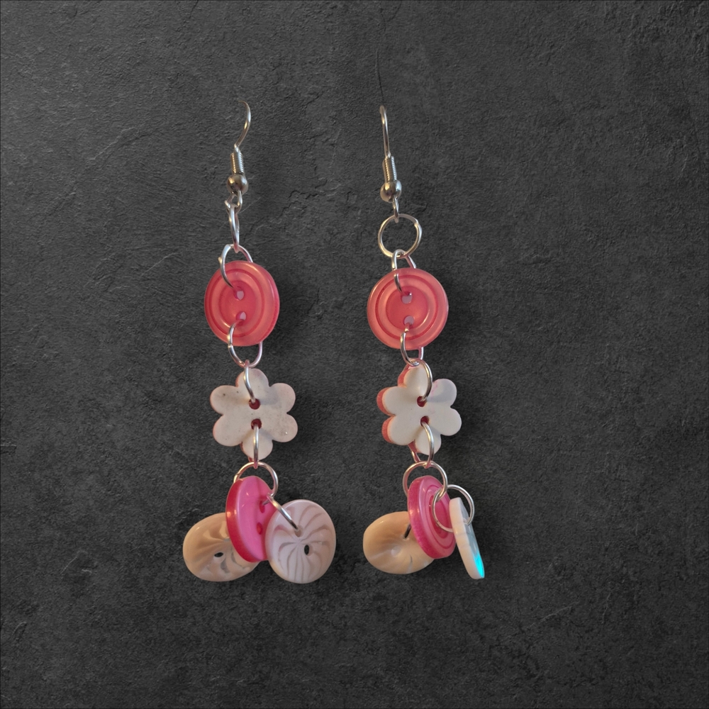 Pink and Cream Dangle Button Earrings Whimsical